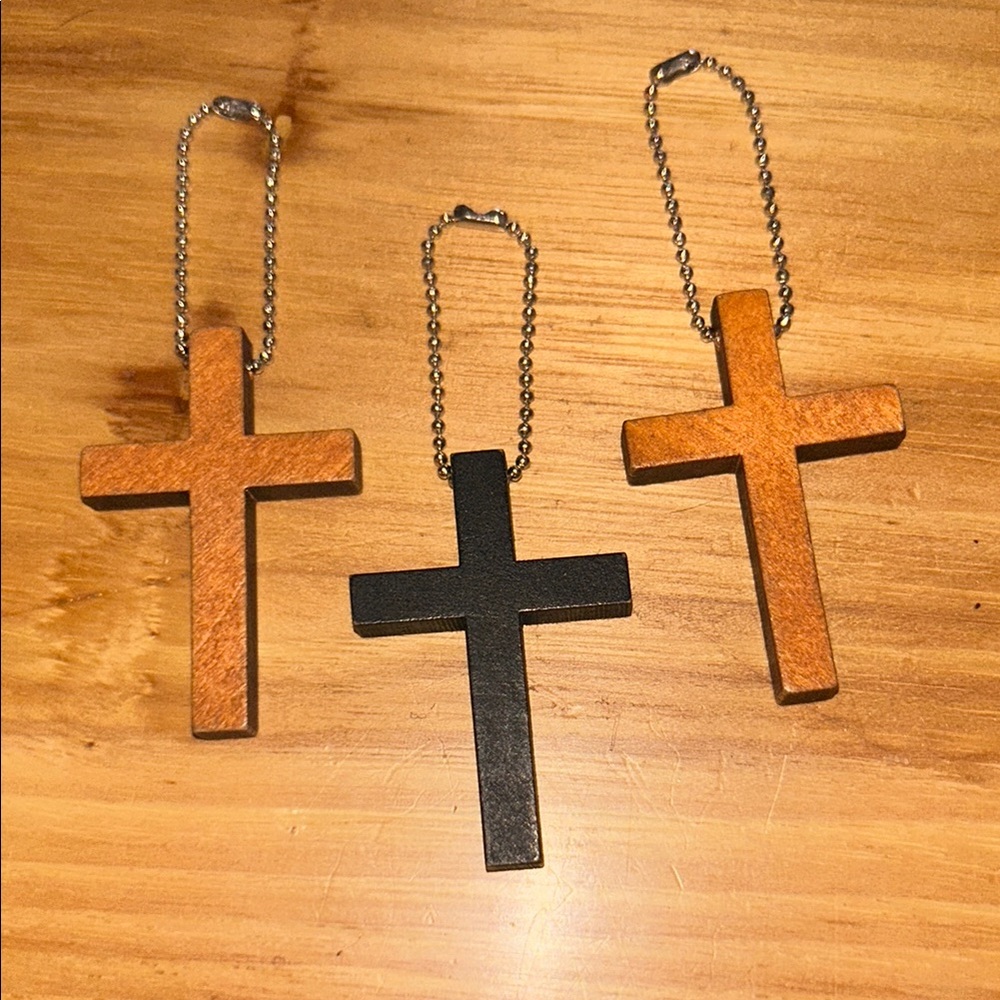 3 wooden cross keychains
